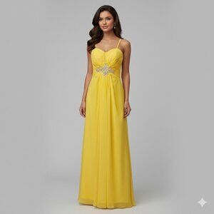 Vibrant Yellow Chiffon Dress with Embellished Waist